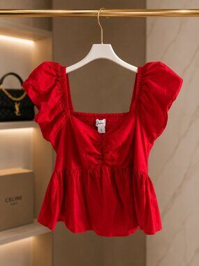 Japna Red Puff Sleeve Babydoll Top Size S